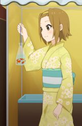  bag bagged_fish brown_eyes brown_hair commentary_request female fish goldfish japanese_clothes k-on! kimono shizupu short_hair solo summer_festival tainaka_ritsu yellow_kimono yukata 