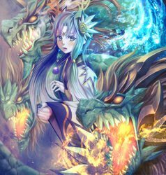  blue_hair circlet commentary_request female fire green_hair hair_ornament hair_tubes horns japanese_clothes jewelry kimono long_hair looking_at_viewer monster nail_polish open_mouth orochi_(p&amp;d) pendant photoshop_(medium) puzzle_&amp;_dragons shoichi_(ekakijin) single_horn sumire_(p&amp;d) 