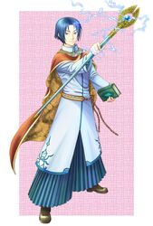  1boy blue_eyes blue_hair book boots cape commentary_request fire_emblem fire_emblem:_the_binding_blade kawamura_kou male_focus saul_(fire_emblem) solo staff 