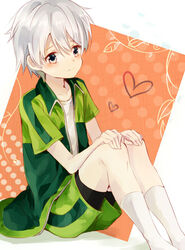  1boy androgynous bike_shorts bike_shorts_under_shorts black_shorts collarbone commentary_request green_shorts gym_shorts heart jacket male_focus open_clothes open_jacket shorts sitting socks solo tama_(05728) totsuka_saika track_jacket white_hair white_socks yahari_ore_no_seishun_lovecome_wa_machigatteiru. 