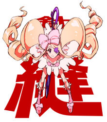  bad_id bad_pixiv_id big_hair blonde_hair boots bow dress drill_hair eyepatch female frills hairbow harime_nui kill_la_kill long_hair makkuro photoshop_(medium) pink_bow pink_dress pink_footwear scissor_blade_(kill_la_kill) smile solo spoilers twin_drills twintails 