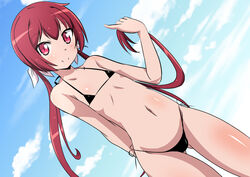  bad_id bad_pixiv_id bikini black_bikini cloud day dutch_angle female flat_chest joukamachi_no_dandelion long_hair looking_at_viewer low_twintails micro_bikini naruse_mai pinky_out red_eyes red_hair sakurada_akane side-tie_bikini_bottom sky smile solo swimsuit twintails 