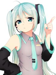  aqua_eyes aqua_hair bad_id bad_pixiv_id blush_stickers detached_sleeves female hand_on_own_hip hatsune_miku headset long_hair nail_polish necktie pointing solo twintails vocaloid weyowang white_background 