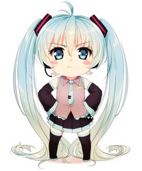  :t aqua_eyes aqua_hair bad_id bad_pixiv_id blush_stickers chibi detached_sleeves female hands_on_own_hips hatsune_miku headset long_hair necktie skirt solo thighhighs twintails very_long_hair vocaloid weyowang white_background 