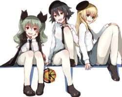  3girls anchovy_(girls_und_panzer) anzio_(emblem) anzio_school_uniform beret black_hair blonde_hair blush brown_eyes cape carpaccio_(girls_und_panzer) commentary_request drill_hair emblem girls_und_panzer green_eyes green_hair hair_ribbon hand_on_own_chin hat head_rest highres loafers long_hair long_sleeves looking_at_viewer mugcup multiple_girls necktie open_mouth pantyhose pepperoni_(girls_und_panzer) pleated_skirt ribbon riding_crop school_uniform shirt shoes short_hair sitting skirt smile twin_drills twintails white_legwear white_shirt 