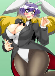  akasode_(tyaramu) animal_ears blonde_hair blush breasts cleavage commentary_request female gradient_hair highres hijiri_byakuren huge_breasts leotard long_hair multicolored_hair open_mouth pantyhose playboy_bunny purple_hair rabbit_ears solo touhou yellow_eyes 