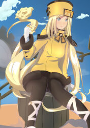  bad_id bad_pixiv_id black_pantyhose blonde_hair blue_eyes blue_sky blush cloud day drum_(acta2436) female fingerless_gloves full-face_blush gloves guilty_gear guilty_gear_xrd hat highres jacket long_hair millia_rage orange_hat pantyhose prehensile_hair sitting sitting_on_hair skirt sky solo very_long_hair 