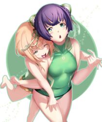  2girls :o ;p blonde_hair commentary_request dodonpachi dodonpachi_saidaioujou ere_(2516325) gothic_wa_mahou_otome green_eyes hair_ribbon heart hikari_(saidaioujou) hug hug_from_behind multiple_girls one-piece_swimsuit one_eye_closed plump purple_eyes ribbon short_hair souffle_(gothic_wa_mahou_otome) swimsuit tongue tongue_out 