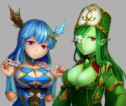  2girls armadel_(p&amp;d) ars_paulina_(p&amp;d) asymmetrical_horns bad_id bad_pixiv_id bare_shoulders bracer breasts cleavage colored_skin commentary_request detached_collar dress flower flower_over_eye frills gem green_hair green_skin grey_background hair_flower hair_ornament hair_over_one_eye hat horns large_breasts long_hair looking_at_viewer medium_breasts mismatched_horns monster_girl mrider multiple_girls parted_lips pink_eyes plant_girl pointy_ears purple_eyes puzzle_&amp;_dragons red_eyes simple_background smile wide_sleeves 