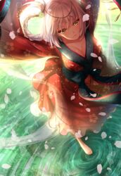  blonde_hair braid breasts brown_eyes chinese_clothes cleavage commentary_request fate/grand_order fate_(series) female florence_nightingale_(divine_princess_of_the_storm)_(fate) florence_nightingale_(fate) hagoromo hanfu hatori_mia highres large_breasts leaf long_hair ripples shawl solo tiara water 