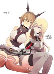  2girls bare_shoulders bismarck_(kancolle) blonde_hair blue_eyes breasts commentary_request detached_sleeves green_eyes hat headband jpeg_artifacts kantai_collection kissing kissing_hand large_breasts light_brown_hair long_hair looking_at_another midriff military military_uniform miniskirt multiple_girls mutsu_(kancolle) open_mouth peaked_cap red_legwear short_hair simple_background skirt thighhighs thighs uniform white_background yukiyanagi_raki yuri zettai_ryouiki 