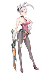  animal_ears bare_shoulders battle_bunny_riven belt black_pantyhose breasts carrot cleavage commentary_request detached_collar female fj_wu_cheng&#039;en folded_ponytail full_body gloves grey_hair hairband hand_on_own_hip high_heels highres large_breasts league_of_legends leotard looking_at_viewer loose_belt necktie pantyhose photoshop_(medium) pink_leotard pink_necktie playboy_bunny rabbit_ears rabbit_tail red_eyes riven_(league_of_legends) short_hair simple_background solo standing strapless strapless_leotard sword tail torn_clothes torn_pantyhose weapon white_background white_gloves 