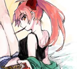  bad_drawr_id bad_id black_shirt casual female food long_hair looking_at_viewer mahou_shoujo_madoka_magica mahou_shoujo_madoka_magica_(anime) mouth_hold oekaki pocky ponytail red_eyes red_hair sakura_kyoko shirt shorts solo yoplait 