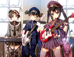  3girls black_hair brown_eyes brown_hair commentary_request cosplay eyepatch flag_print furisode_sleeves gloves guitar hat hirasawa_ui instrument k-on! long_hair military military_hat military_uniform multiple_girls nakano_azusa nyoro_(nyoronyoro000) peaked_cap photoshop_(medium) pleated_skirt ponytail print_ornament rising_sun_flag sailor_collar senbonzakura_(vocaloid) short_hair skirt sunburst suspenders suzuki_jun synthesizer thighhighs twintails uniform 