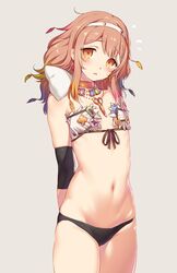  aida_takanobu arms_behind_back bikini black_bikini blush brown_hair choker commentary_request elbow_pads elbow_sleeve female flat_chest flying_sweatdrops front-tie_top hairband jewelry long_hair luminous_arc luminous_arc_infinity multicolored_hair navel necklace rana_(luminous_arc) solo swimsuit 