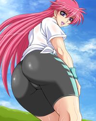  back bike_shorts blouse commentary_request female long_hair mighty_yukiko open_mouth pink_hair purple_eyes shirt smile solo sweat taroimo_(00120014) wrestle_angels wrestle_angels_survivor 