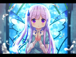  bad_id bad_pixiv_id blue_ribbon blush chinomaron female gotou_jun hair_ribbon highres letterboxed long_hair long_sleeves looking_at_viewer one_side_up parted_lips photoshop_(medium) purple_eyes purple_hair ribbon signature solo tenshi_no_3p! triangle_mouth upper_body 