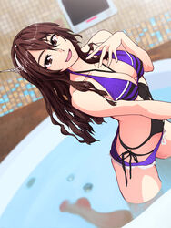  alternate_costume ashigara_(kancolle) bare_arms bare_shoulders breasts brown_eyes brown_hair cleavage commentary_request cosplay eyebrows female hairband highres kantai_collection kurohime_kiryuu large_breasts long_hair looking_at_viewer open_mouth partially_submerged solo swimsuit water yamato_(kancolle) yamato_(kancolle)_(cosplay) 