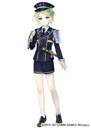  1boy absurdres armor commentary_request full_body green_hair hat highres japanese_armor male_focus military military_uniform mouri_toushirou nekokan_masshigura nitroplus official_art purple_eyes shoes short_sword shorts shoulder_armor smile socks sode solo sword tantou touken_ranbu uniform watermark weapon 