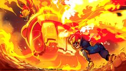  2boys battle captain_falcon commentary company_connection crossover duel english_commentary f-zero falcon_punch fire helmet metalhanzo multiple_boys punching the_wonderful_101 wonder_red 