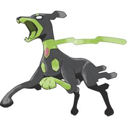  bad_link canine colored_tongue empty_eyes full_body green_tongue hexagon highres no_humans official_art pokemon pokemon_(creature) scarf sharp_teeth teeth transparent_background zygarde zygarde_(10) 