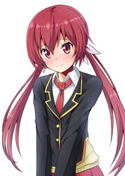  ariel23795 black_jacket blazer bloom blush buttons cardigan closed_mouth commentary_request female hair_between_eyes hair_ribbon jacket joukamachi_no_dandelion long_hair long_sleeves looking_at_viewer low_twintails necktie pleated_skirt red_eyes red_hair red_necktie red_skirt ribbon sakurada_akane school_uniform shirt simple_background skirt solo twintails upper_body v_arms white_background white_shirt wing_collar 