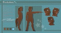  anthro blue_eyes brown_body brown_hair brown_skin english_text equid equine hair happy hi_res hooves horse humor male mammal model_sheet nude peekaboo side_view smile solo teeth text tongue zeiro 