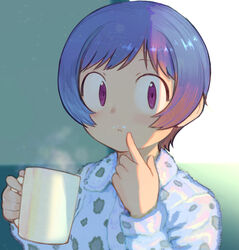  2equal8 blue_hair cup female female milk_mustache mug original short_hair solo 