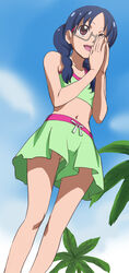  :d bikini blue_hair braid brown_eyes female from_below glasses go!_princess_precure haruyama_kazunori long_hair nanase_yui navel open_mouth precure semi-rimless_eyewear smile solo swimsuit twin_braids under-rim_eyewear 