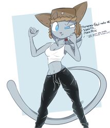  2018 angry anthro blue_eyes breasts cleavage clothed clothing dialogue digital_media_(artwork) domestic_cat english_text felid feline felis female fist fur furgonomics hair hat headgear headwear hi_res mammal midriff ponytail raydio russia russian russian_blue russian_text shirt simple_background slavcat solo standing tank_top teeth text topwear ushanka 