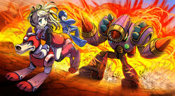  2boys android animal arm_cannon ass black_shirt blonde_hair blue_bodysuit blue_eyes blue_headwear blush_stickers bodysuit boots canine commentary_request dress duel explosion female fire fleeing green_eyes green_ribbons hair_ornament hair_ribbon helmet jumping kiwakiwa long_hair long_sleeves looking_back mega_man_(character) mega_man_(classic) mega_man_(series) mega_man_5 mega_man_8 multiple_boys napalm_man non-humanoid_robot one_eye_closed open_mouth ponytail red_dress red_footwear ribbon riding robot robot_animal roll_(mega_man) running rush_(mega_man) shirt standing weapon 