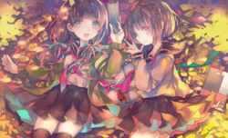  2girls blue_eyes book bookmark braid brown_hair cha_goma colorful commentary_request french_braid hair_ribbon highres leaf light_particles long_hair mole mole_under_eye multiple_girls open_mouth original purple_eyes ribbon school_uniform serafuku short_hair smile sweater thighhighs 