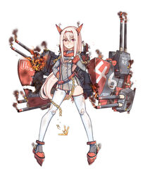  12cat anchor belt blonde_hair breasts cannon chains commentary_request female full_body groin highres legs_apart long_hair machinery maryland_(warship_girls_r) navel official_art red_eyes rigging see-through small_breasts smoke solo standing thighhighs torn_clothes turret very_long_hair warship_girls_r white_background 