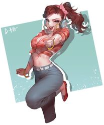  :d abeja arm_at_side artist_name bangle belt belt_buckle blue_pants bracelet breasts brown_eyes brown_hair buckle character_name cleavage collarbone commentary_request cowboy_shot cruiser_d.va d.va_(overwatch) earrings eyelashes female finger_gun fingernails flats foreshortening front-tie_top glint head_scarf headphones hoop_earrings jewelry korean_commentary leg_up legs_together long_fingernails long_hair looking_at_viewer medium_breasts nail_polish neckerchief official_alternate_costume open_mouth overwatch overwatch_1 pants pink_lips plaid plaid_shirt pointing pointing_at_viewer ponytail red_footwear red_lips red_nails red_shirt shirt shoes short_sleeves signature smile solo standing standing_on_one_leg swept_bangs teeth tight_clothes tight_pants white_belt white_neckerchief 