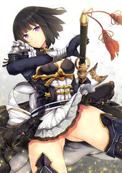  armor ass_visible_through_thighs black_armor black_hair black_thighhighs commentary_request daiaru female fighting_stance highres panties pantyshot purple_eyes ready_to_draw shadowverse sheath sheathed short_hair skirt solo standing sumeragi_erika_(shadowverse) sword tassel thighhighs underwear weapon white_background white_panties 