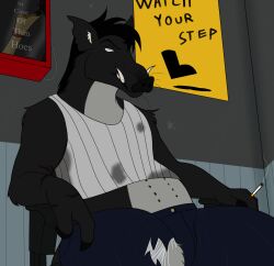  8_nipples anthro black_body black_fur black_hair blue_bottomwear blue_clothing blue_pants bottomwear case chair cigarette cigarette_smoke clothing davespaceman denim denim_bottomwear denim_clothing dirty dirty_clothing ear_tuft fingers flower fur furniture hair hi_res hooved_fingers hooves inside jeans male mammal mechanic multi_nipple nipples oil_stain on_chair overweight overweight_male pants petals plant rose_(flower) rose_petals scar shev_stetson_(davespaceman) shirt sign sitting sitting_on_chair smoke solo suid suine sus_(pig) tank_top topwear torn_clothing torn_ear tuft tusks unimpressed wet_floor_sign whiskers white_body white_clothing white_eyes white_fur white_shirt white_topwear wild_boar workshop wrappings 