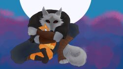 alessandro_(artist) anthro arm_wrapping arm_wraps arms_around_partner beastars belt bodily_fluids boots bottomwear canid canine canis cheek_tuft cloak clothing crouching death_(puss_in_boots) domestic_cat dreamworks duo facial_markings facial_tuft felid feline felis fluffy fluffy_tail footwear full_moon fur fuzzy grey_body grey_fur head_markings hi_res hug hugging_another hugging_from_behind kneeling leg_wraps looking_down male male/male mammal markings mask_(marking) moon nervous nervous_sweat night one_ear_up orange_body orange_fur outside pants poncho pose puss_in_boots_(dreamworks) puss_in_boots_(franchise) red_eyes scared shoes sitting size_difference sweat tail tuft wide_eyed wolf wrapped_arms wrapped_legs wraps 