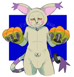  anthro bandai_namco bashful betsumon blush bulge clothing digimon digimon_(species) gloves handwear hi_res kigurumi male navel onesie outie_navel pirruwan shy_smile smile solo white_body yellow_eyes 