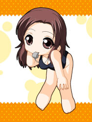  abstract_background ben-day_dots black_one-piece_swimsuit breasts brown_eyes brown_hair chibi chibi_inset cleavage collarbone curtained_hair fingernails forehead hair_intakes hand_on_own_knee hoshino_yuumi keito_(keito-ya) kimi_kiss knees_together_feet_apart medium_breasts no_nose one-piece_swimsuit screentones solid_circle_pupils swimsuit wavy_hair whistle whistle_around_neck 