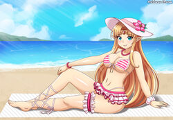  1girls a_link_between_worlds beach bikini blonde_hair blue_eyes bracelet breasts female female_only fully_clothed hat light-skinned_female light_skin lipstick long_hair looking_at_viewer nintendo ocean patdarux patdarux_dream pointy_ears princess_zelda solo solo_female the_legend_of_zelda zelda_(a_link_between_worlds) 