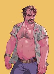  1boy artist_request bara bare_chest beefy belt biceps big_hands blue_eyes blue_jeans body_hair brown_hair celebrity chest_hair chubby clothed clothing collarbone color daddy david_harbour dilf disheveled eye_bags facial_hair hair_strand hairy_male happy_trail hawaiian_shirt human jeans jim_hopper light_skin looking_to_the_side male male_nipples male_only manly mature_male musclegut muscles muscular_male mustache navel no_visible_genitalia open_shirt pecs scruffy_beard shirt short_sleeves solo standing stern_expression stranger_things sweat watch yellow_background 