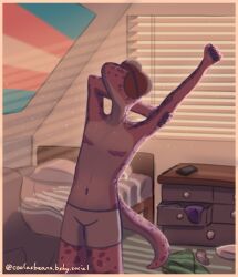  2026 anthro artist_name bed bed_covers bed_sheet bedding bedroom beenz blinds boxers_(clothing) boxers_only chest_of_drawers closed_eyes clothed clothes_on_floor clothing dark_nails detailed_background digital_drawing_(artwork) digital_media_(artwork) drawer duvet electronics furniture gecko hi_res lgbt_pride light lizard male mastectomy_scar morning navel phone pillow pride_colors purple_body reptile scalie scar seb_(beenz) solo standing stretching stretching_arms sunlight tail text topless trans_(lore) trans_man_(lore) transgender_pride_colors underwear underwear_only visibly_trans 