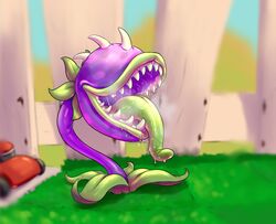  1other ambiguous_gender bulkrolly carnivorous_plant chomper_(pvz) drooling eyeless garden green_body leaves open_mouth other_only outside plant plants_vs_zombies pvz saliva saliva_drip saliva_trail sharp_teeth solo spikes steam steamy_breath tongue tongue_out violet_skin 