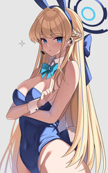  absurdres animal_ears bare_shoulders blonde_hair blue_archive blue_eyes blue_halo blue_leotard blush bow bowtie braid breasts cleavage commentary_request detached_collar earpiece fake_animal_ears female half_up_braid halo highleg highleg_leotard highres imuzi leotard long_hair looking_at_viewer medium_breasts playboy_bunny rabbit_ears rabbit_tail solo strapless strapless_leotard tail toki_(blue_archive) toki_(bunny)_(blue_archive) wrist_cuffs 