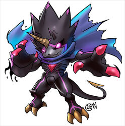  anthro bandai_namco black_body black_sclera blade cape chibi claws clothing cwdwcwdw digimon digimon_(species) digimon_ghost_game glowing glowing_eyes gulusgammamon hi_res horn male solo stinger_(anatomy) tail tail_blade weapon_tail 