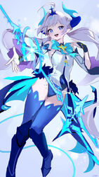  +_+ :d absurdres ahoge armor bat_wings blue_bow blue_eyes blue_horns bow chains elsword female full_body greaves highres horns leotard light_blush long_hair looking_at_viewer low_twintails luciela_r._sourcream noblesse_(elsword) pointy_ears ppower_(lu_power) short_eyebrows smile solo thighhighs twintails twitter_username very_long_hair white_hair white_leotard wings 