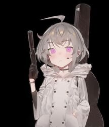  ahoge black_background black_choker blush buttons choker closed_mouth coat commentary copyright_request double-breasted english_commentary female godekasu grey_coat grey_hair guitar_case gun hand_in_pocket handgun highres holding holding_gun holding_weapon instrument_case jitome long_sleeves looking_at_viewer nose_blush purple_eyes short_hair simple_background solo suppressor watch weapon wristwatch 