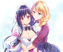  &gt;_&lt; 2girls :3 abiru_karen apron black_bow black_bowtie black_hair blonde_hair blue_background blush bow bowtie breasts cleavage closed_mouth commentary_request detached_collar dress eyelashes eyes_visible_through_hair frilled_apron frills gradient_background green_eyes hair_between_eyes highres hug large_breasts long_hair long_sleeves looking_at_viewer machina_(qualia_~yakusoku_no_kiseki~) maid maid_apron maid_headdress multiple_girls parted_lips pink_dress puffy_short_sleeves puffy_sleeves qualia_~yakusoku_no_kiseki~ red_eyes red_shirt shirt short_sleeves simple_background smile sparkle suzushiro_atsushi tareme tsurime upper_body very_long_hair white_apron white_background 