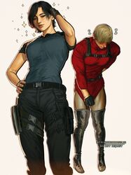  1boy ada_wong ada_wong_(cosplay) belt black_belt black_gloves black_hair black_pants blush boots braid breasts brown_hair buckle closed_eyes clothes_pull cosplay costume_switch crossdressing dress dress_pull female gloves grey_background hand_on_own_hip highres holster large_breasts large_pectorals leon_s._kennedy leon_s._kennedy_(cosplay) muscular muscular_male pants pantyhose pectorals red_dress resident_evil resident_evil_4 resident_evil_4_(remake) short_hair shoulder_holster simple_background snap-fit_buckle sparkle thigh_boots thigh_holster twin_braids umikochannart 