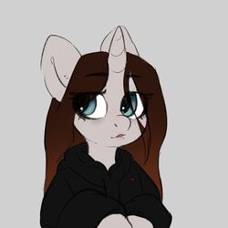  1:1 2021 anthro black_clothing black_hoodie black_topwear brown_hair clothing ear_piercing equid equine female green_eyes grey_background grey_body hair hasbro hi_res hoodie horn itsspoopsb looking_aside mammal my_little_pony mythological_creature mythological_equine mythology piercing simple_background solo spoop_pone topwear unicorn 